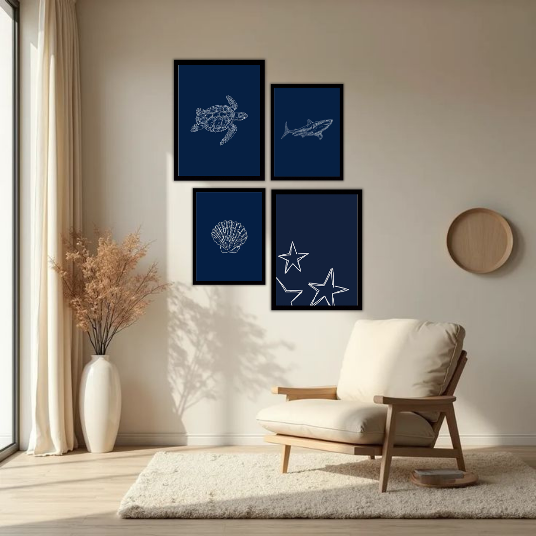 Navy Blue Ocean Line Art Wall Frame Set – Set of 4 (2 Large 13×17" + 2 Medium 9×11") | Turtle Shark Seashell Starfish Coastal Art Prints | Beige, Black & White Frame