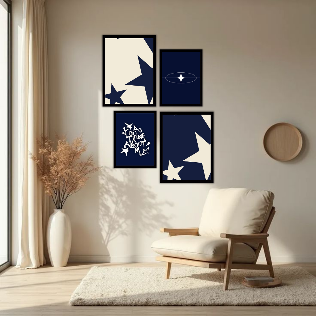 Navy Blue Y2K Star Aesthetic Wall Frame Set – Set of 4 (2 Large 13×17" + 2 Medium 9×11") | Do You Think About Me Coquette Star Art Prints | Beige, Black & White Frame