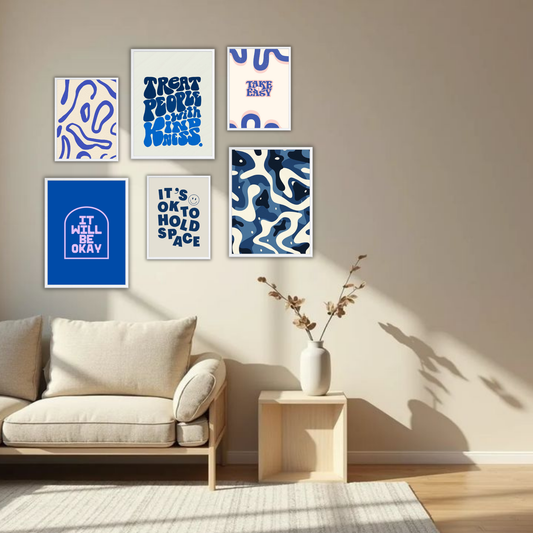 Blue Aesthetic Wall Frame Set – Set of 6 (3 Large 13×17" + 3 Small 9×11") | Kindness & Positivity Art Prints for Bedroom & Living Room
