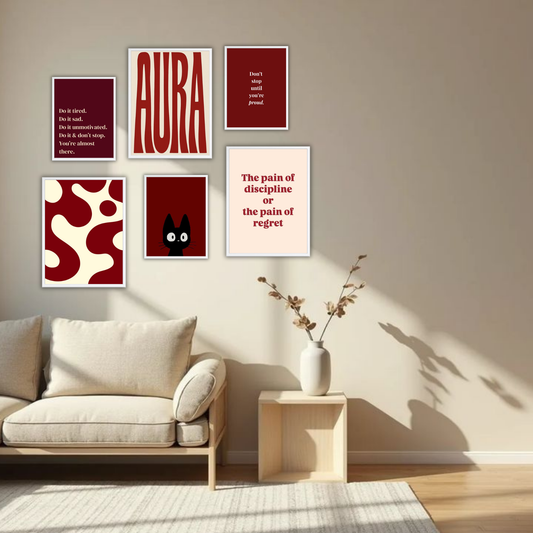 AURA Dark Red Aesthetic Wall Frame Set – Set of 6 (3 Large 13×17" + 3 Small 9×11") | Motivational Art Prints for Bedroom & Living Room