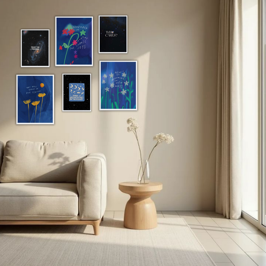 Bloom & Grow Wall Frame Set – Set of 6 (3 Large 13×17" + 3 Small 9×11") | Deep Blue Botanical Growth Art Prints for Bedroom & Living Room