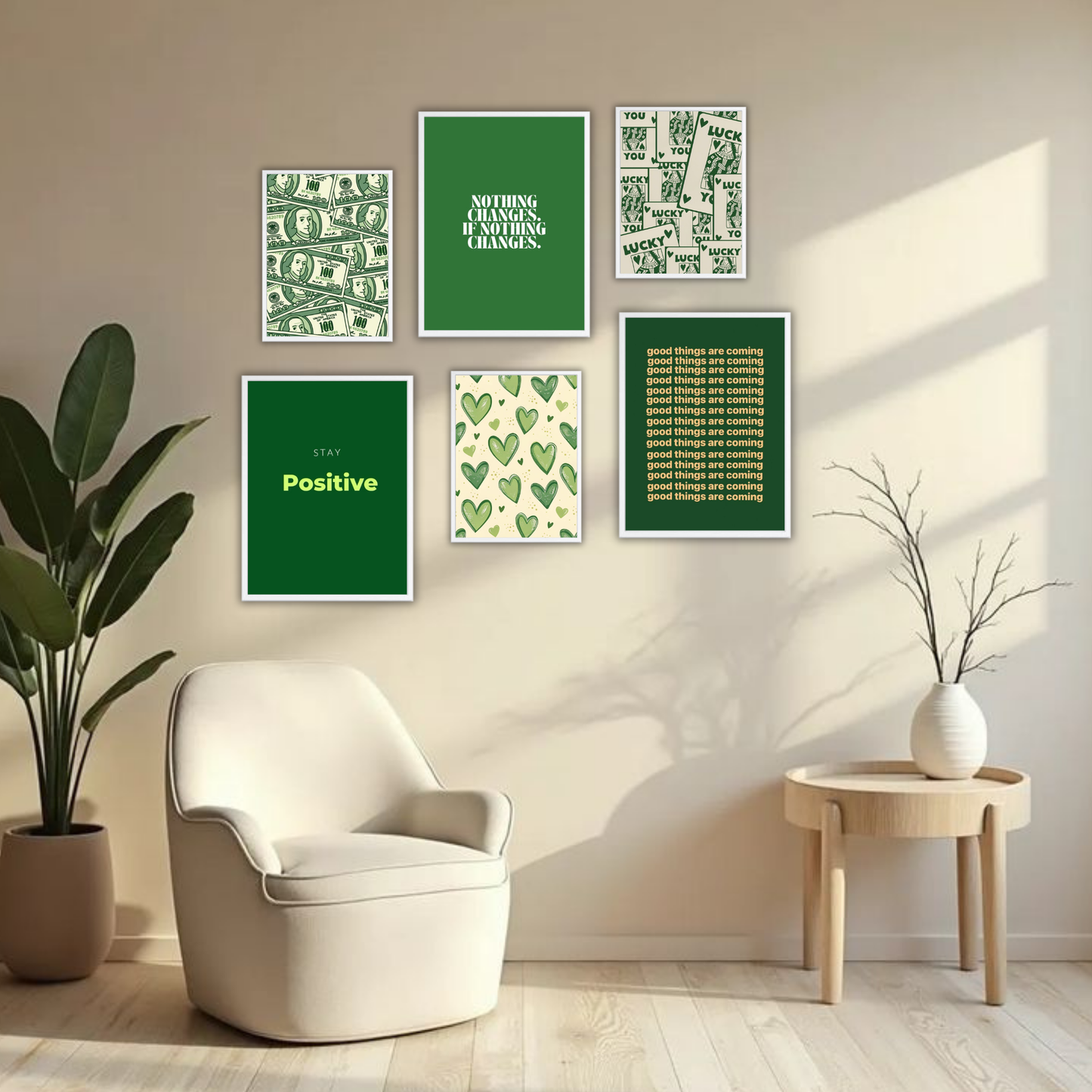 Green Abundance Wall Frame Set – Set of 6 (3 Large 13×17" + 3 Small 9×11") | Lucky & Positivity Art Prints for Bedroom & Living Room