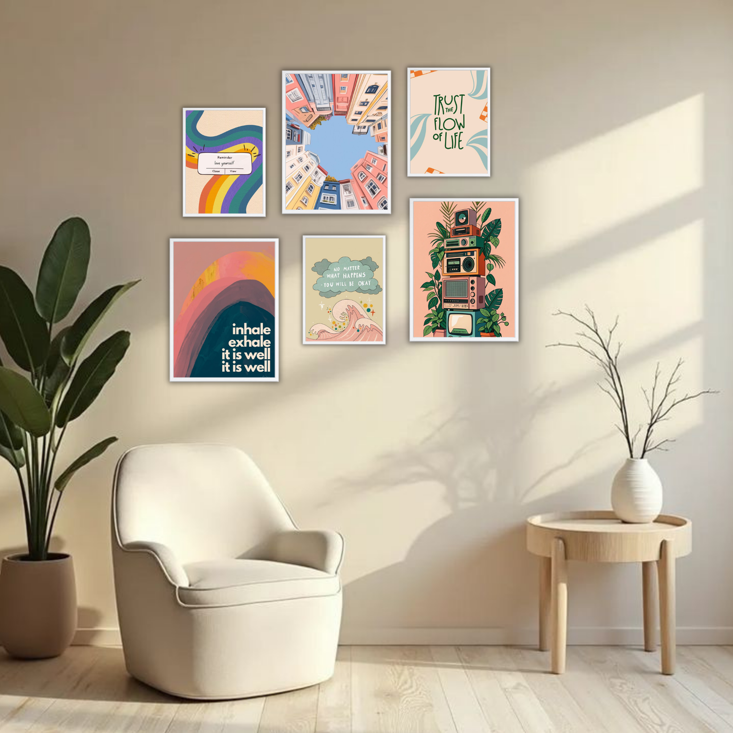 Retro Rainbow Boho Wall Frame Set – Set of 6 (3 Large 13×17" + 3 Small 9×11") | Colourful Aesthetic & Mindfulness Art Prints for Bedroom & Living Room