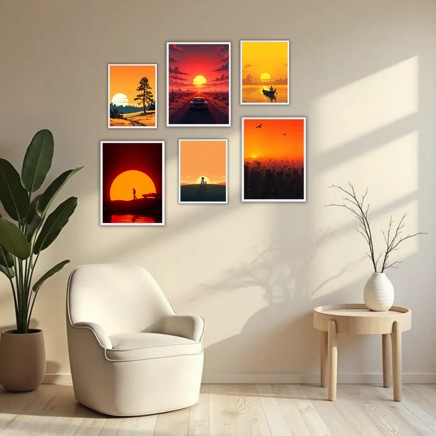 Sunset Vibes Wall Frame Set – Set of 6 (3 Large 13×17" + 3 Small 9×11") | Aesthetic Sunset Art Prints for Bedroom & Living Room
