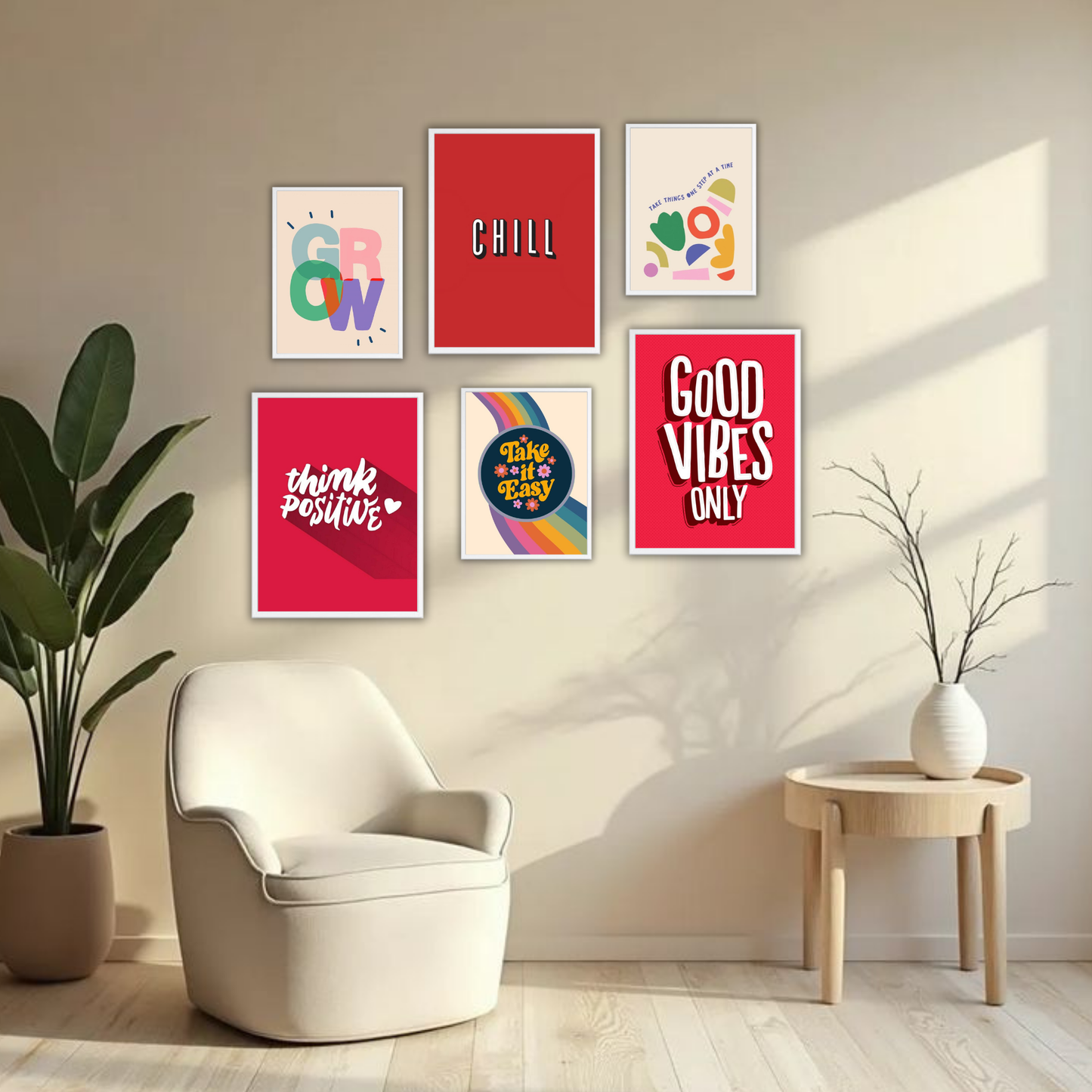 Good Vibes Only Wall Frame Set – Set of 6 (3 Large 13×17" + 3 Small 9×11") | Positive & Chill Aesthetic Art Prints for Bedroom & Living Room