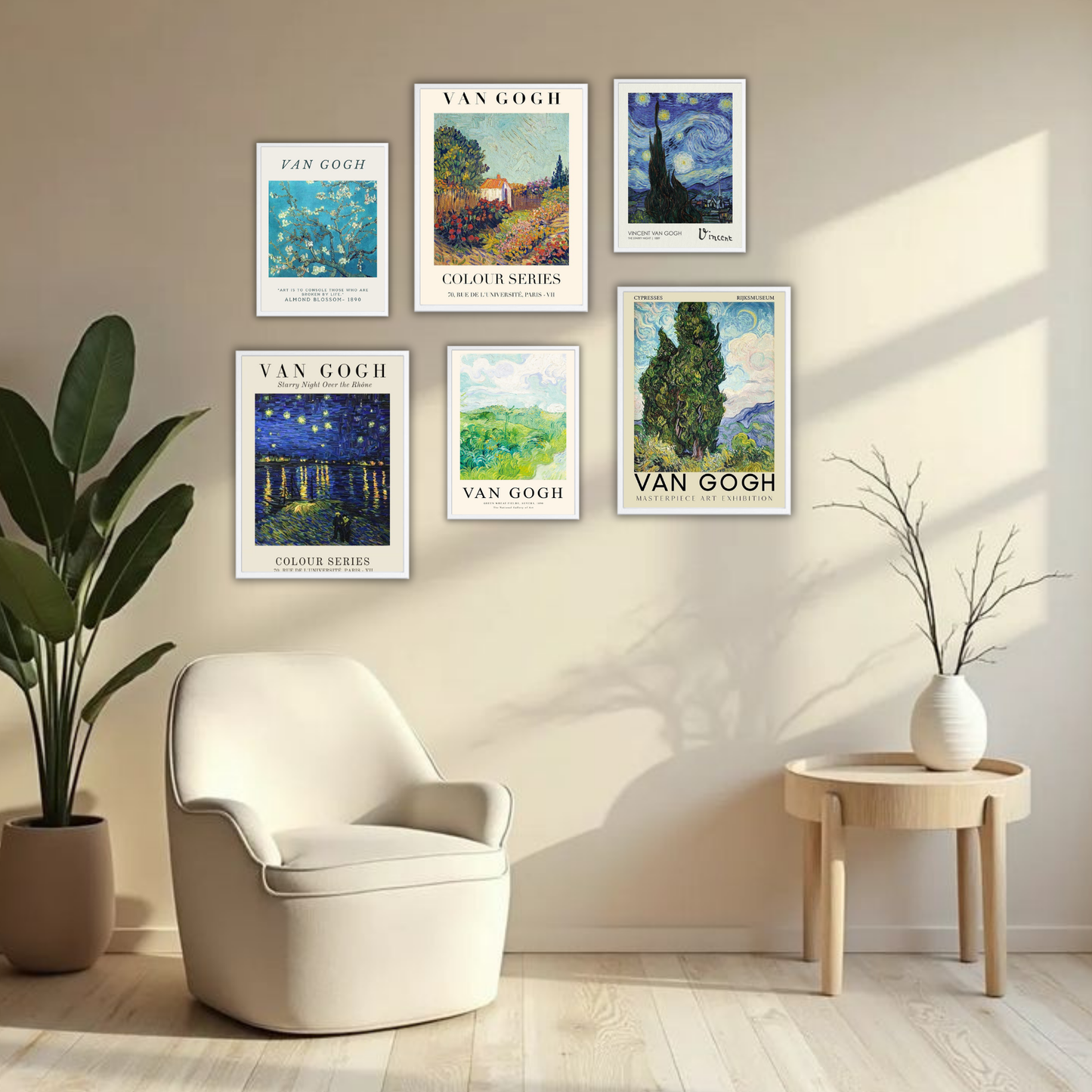 Van Gogh Masterpiece Wall Frame Set – Set of 6 (3 Large 13×17" + 3 Small 9×11") | Classic Fine Art Exhibition Prints for Bedroom, Living Room & Office
