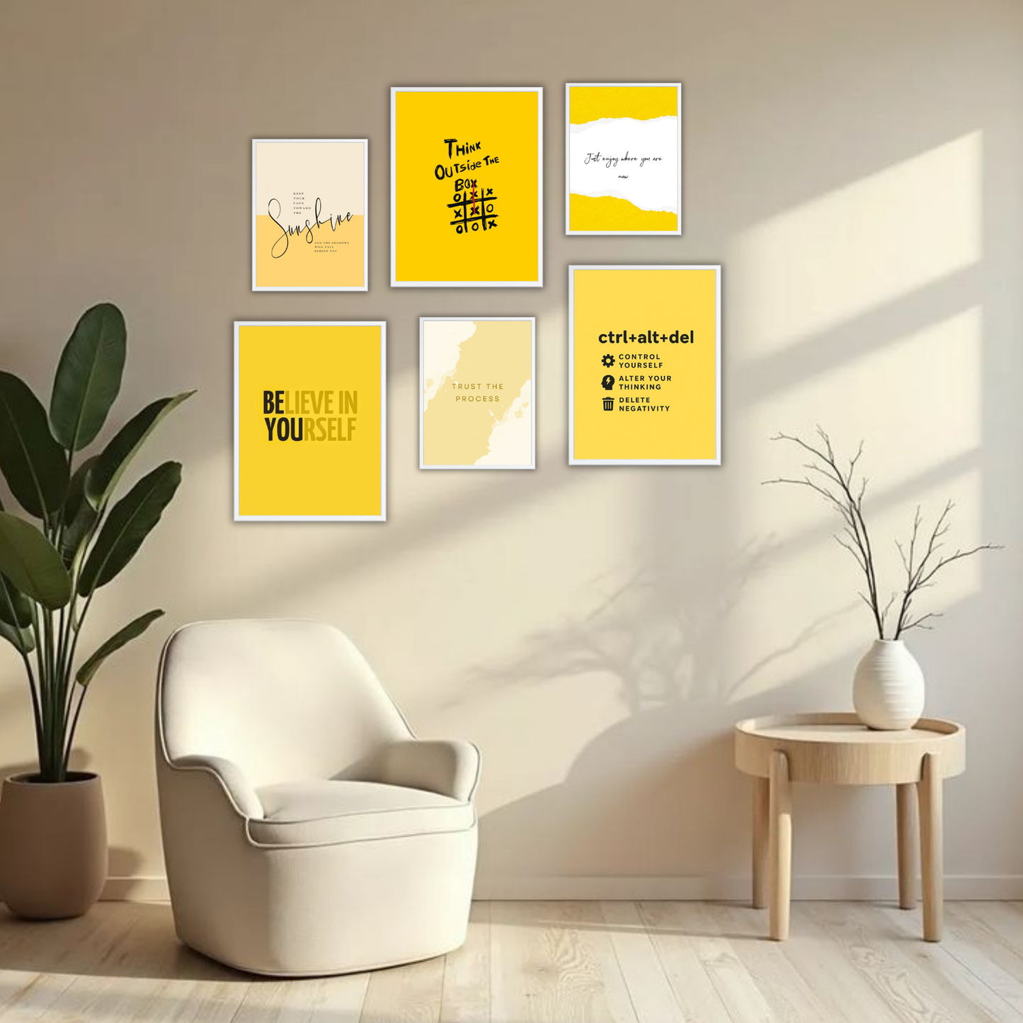 Sunshine Believe Wall Frame Set – Set of 6 (3 Large 13×17" + 3 Small 9×11") | Yellow Aesthetic Motivational Art Prints for Bedroom & Living Room