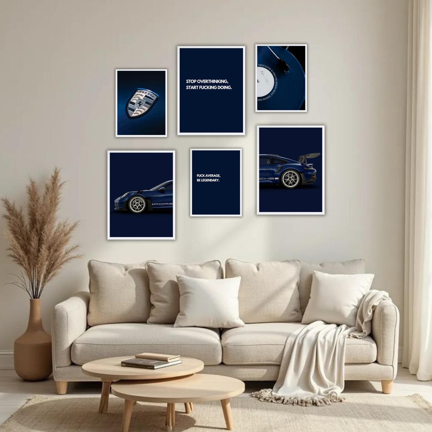 Luxury Hustle Wall Frame Set – Set of 6 (3 Large 13×17" + 3 Small 9×11") | Motivational & Car Aesthetic Wall Decor for Bedroom & Office