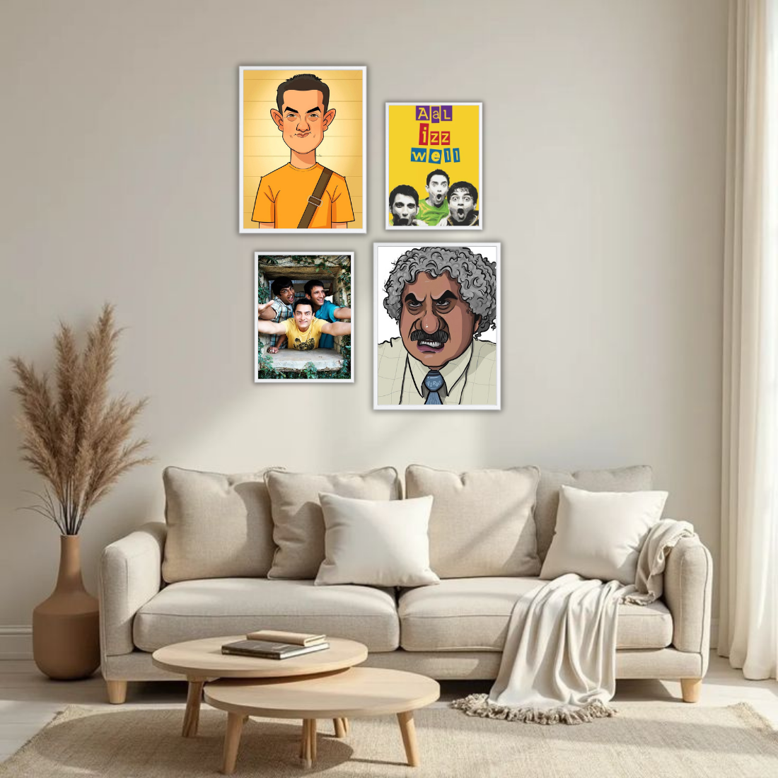 3 Idiots Bollywood Wall Frame Set – Set of 4 (2 Large 13×17" + 2 Medium 9×11") | Aal Izz Well Fan Art Prints for Bedroom, Living Room & Cafe | Beige, Black & White Frame