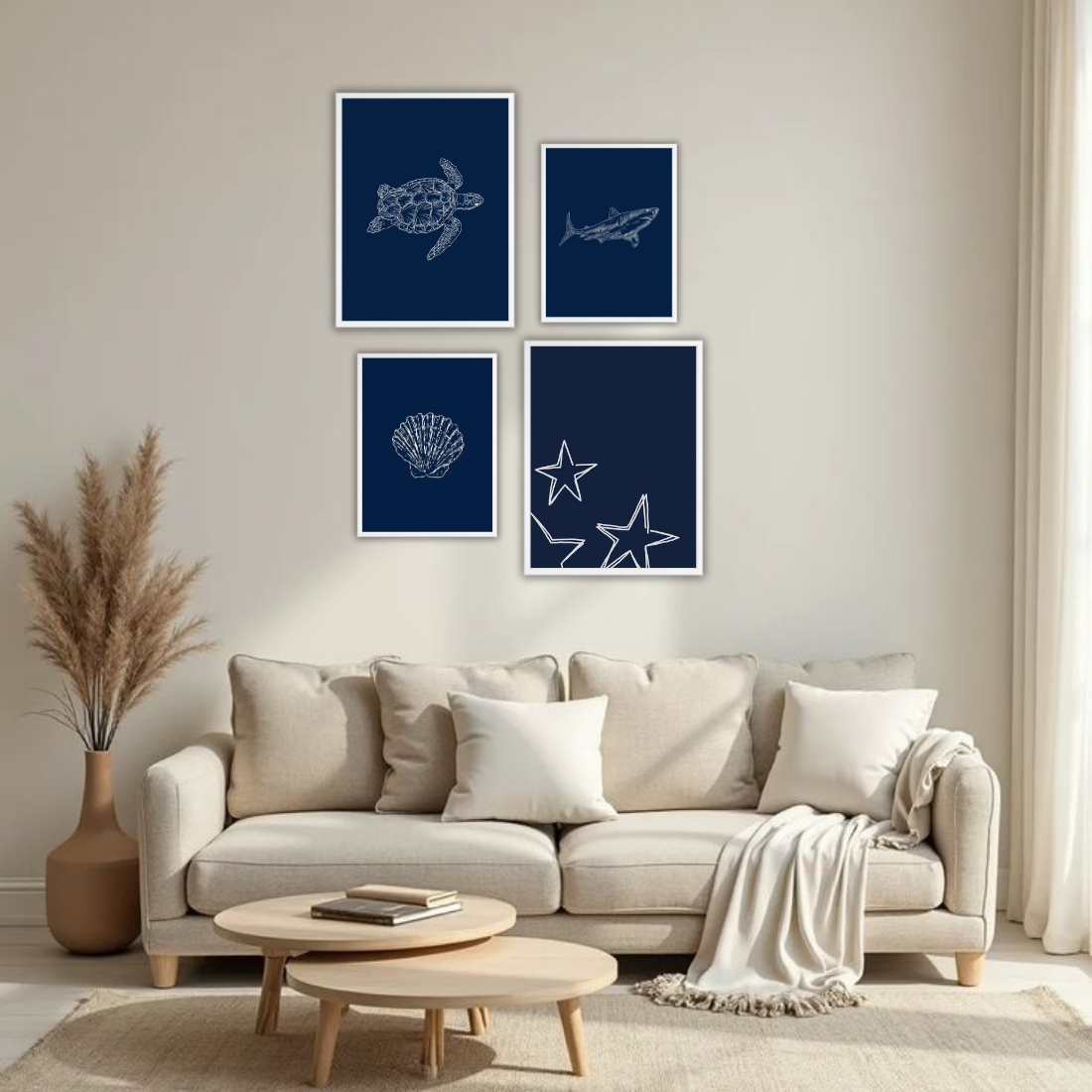Navy Blue Ocean Line Art Wall Frame Set – Set of 4 (2 Large 13×17" + 2 Medium 9×11") | Turtle Shark Seashell Starfish Coastal Art Prints | Beige, Black & White Frame