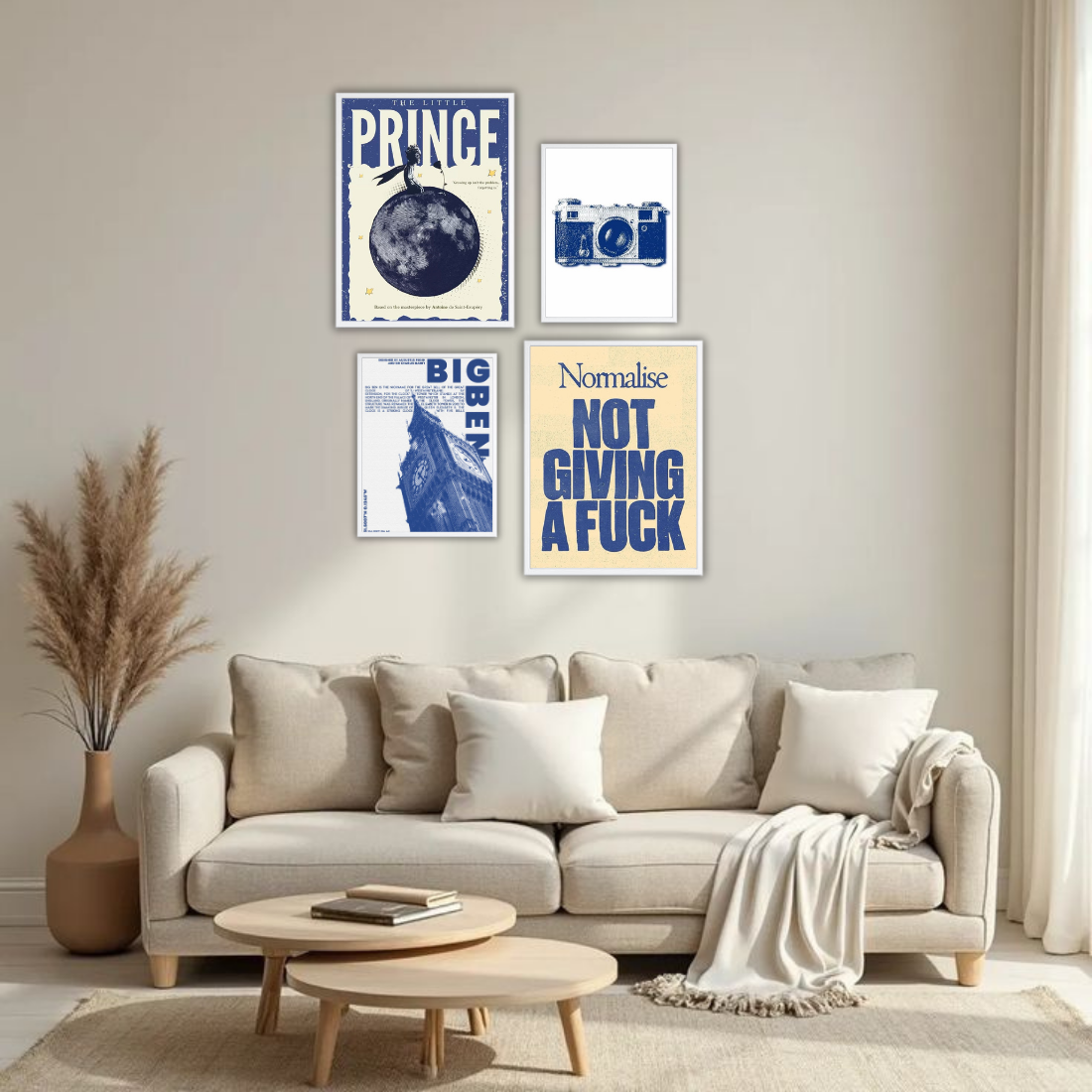 Blue Cream Eclectic Gallery Wall Frame Set – Set of 4 (2 Large 13×17" + 2 Medium 9×11") | Little Prince Big Ben Camera NGAF Art Prints | Beige, Black & White Frame