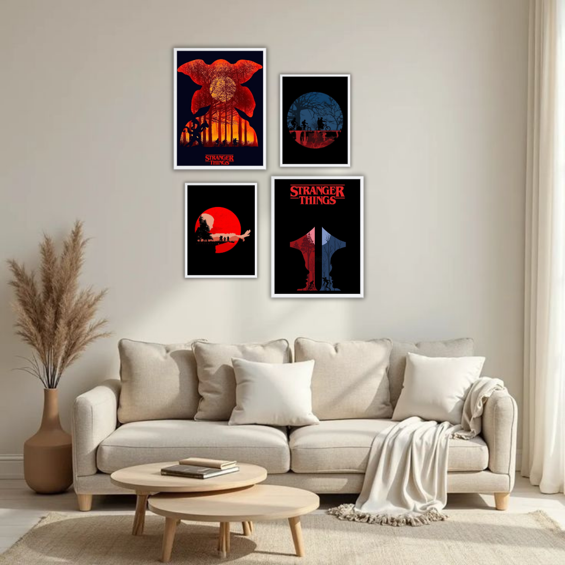 Stranger Things Poster Wall Frame Set – Set of 4 (2 Large 13×17" + 2 Medium 9×11") | Demogorgon Red Moon Hawkins Bike Fan Art Prints | Beige, Black & White Frame