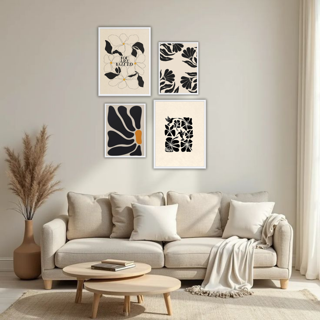 Matisse Black Cream Botanical Wall Frame Set – Set of 4 (2 Large 13×17" + 2 Medium 9×11") | You Are Valued Abstract Floral Art Prints | Beige, Black & White Frame