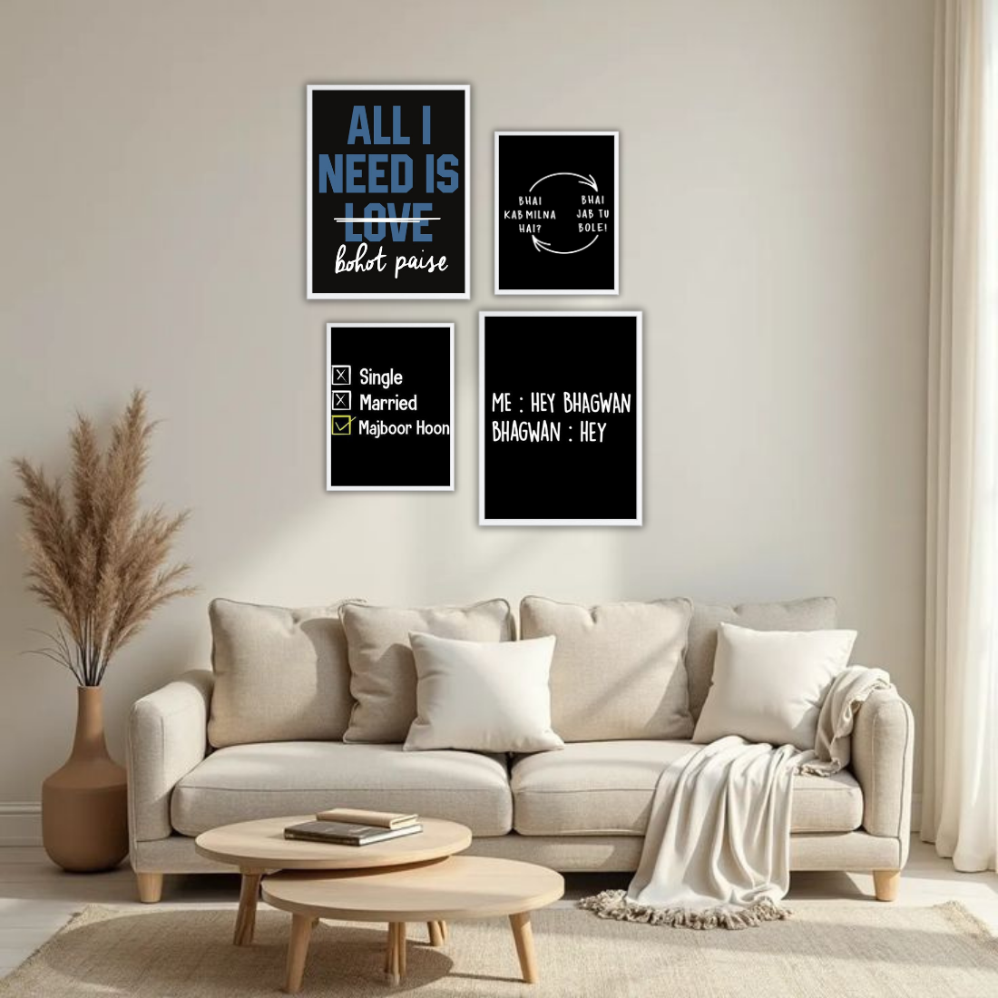 Desi Meme Humour Wall Frame Set – Set of 4 (2 Large 13×17" + 2 Medium 9×11") | Funny Hindi Quotes Bohot Paise Bhai Majboor Hoon Art Prints | Beige, Black & White Frame