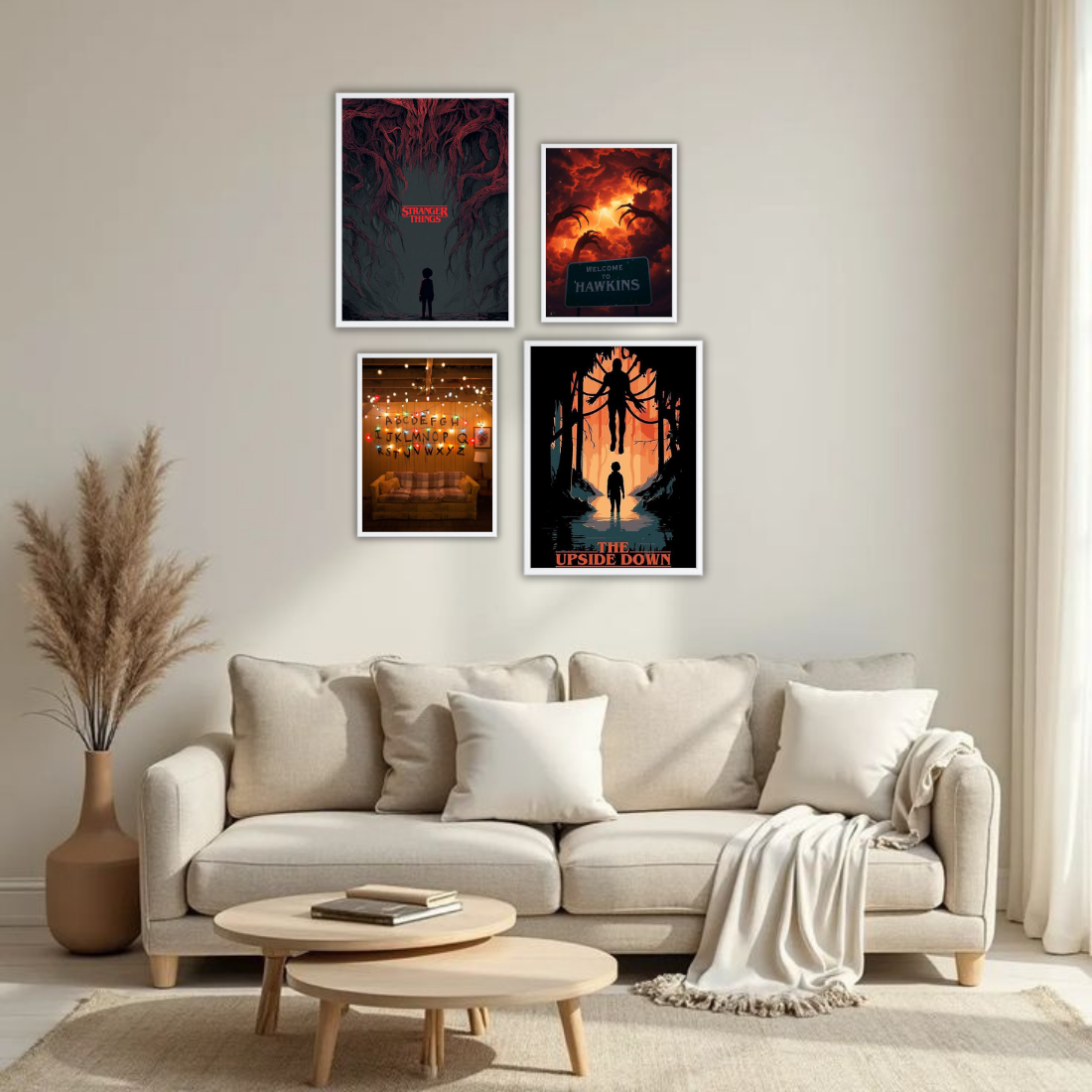 Stranger Things Wall Frame Set – Set of 4 (2 Large 13×17" + 2 Medium 9×11") | Upside Down Hawkins Mind Flayer Fan Art Prints | Beige, Black & White Frame