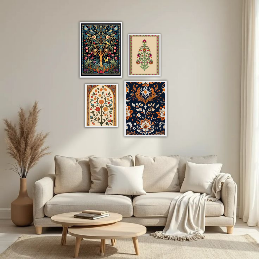 Mughal Wall Frame Set – Set of 4 (2 Large 13×17" + 2 Medium 9×11") | Royal Indian Botanical Art Prints | Beige, Black & White Frame