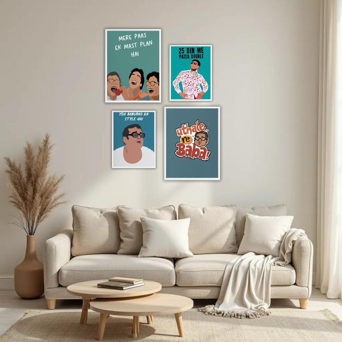 Hera Pheri Bollywood Wall Frame Set – Set of 4 (2 Large 13×17" + 2 Medium 9×11") | Baburao & Raju Meme Fan Art Prints for Bedroom, Living Room & Cafe | Beige, Black & White Frame