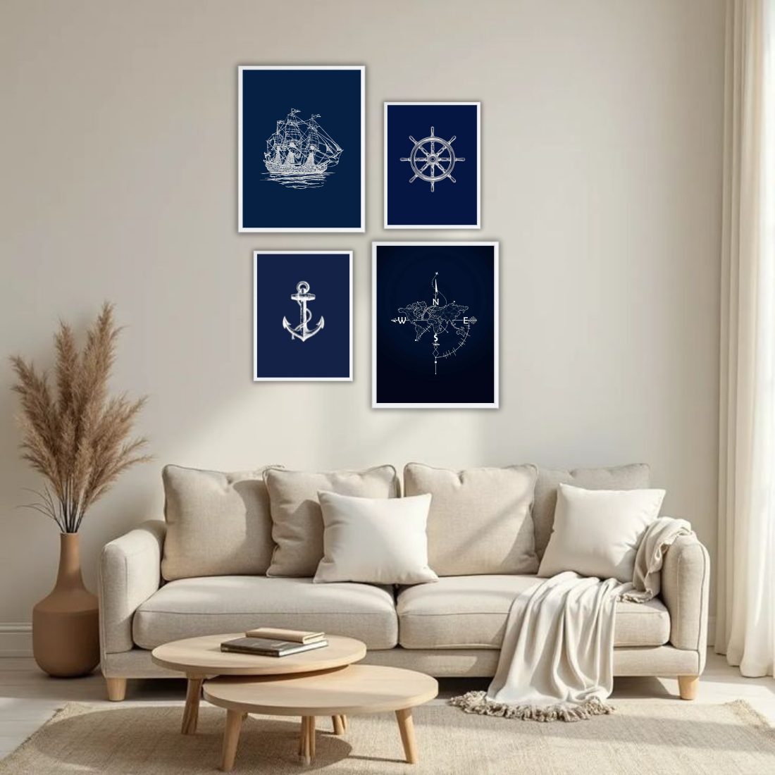 Nautical Navy Line Art Wall Frame Set – Set of 4 (2 Large 13×17" + 2 Medium 9×11") | Sailing Ship Anchor Compass Ship Wheel Art Prints | Beige, Black & White Frame