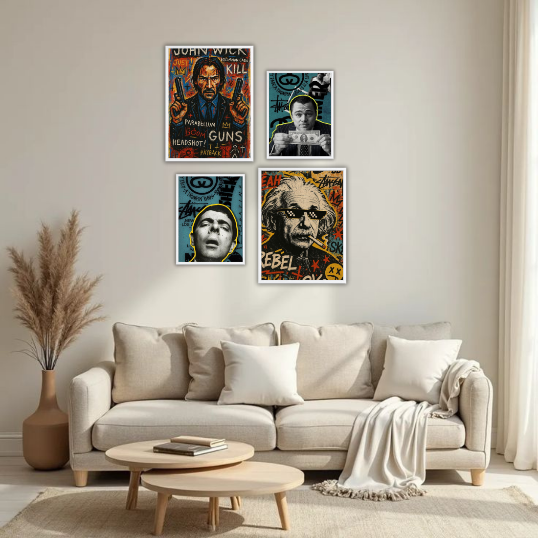 Pop Art Graffiti Icons Wall Frame Set – Set of 4 (2 Large 13×17" + 2 Medium 9×11") | John Wick Einstein DiCaprio Scarface Street Art Prints | Beige, Black & White Frame