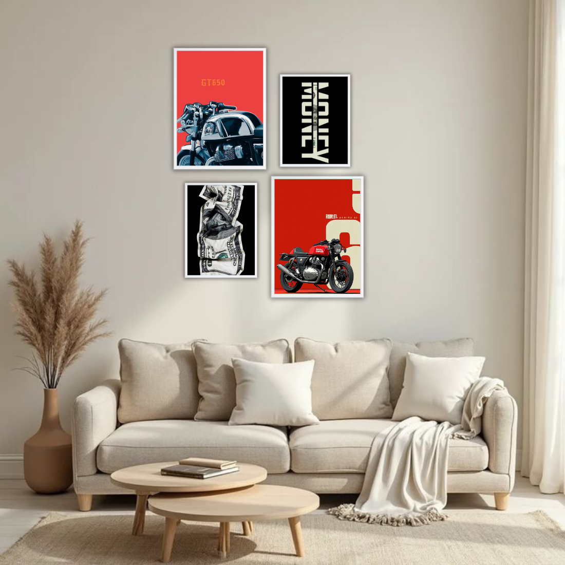 Royal Enfield Hustle Money Wall Frame Set – Set of 4 (2 Large 13×17" + 2 Medium 9×11") | Bike Lover Money Grind Poster Art Prints | Beige, Black & White Frame