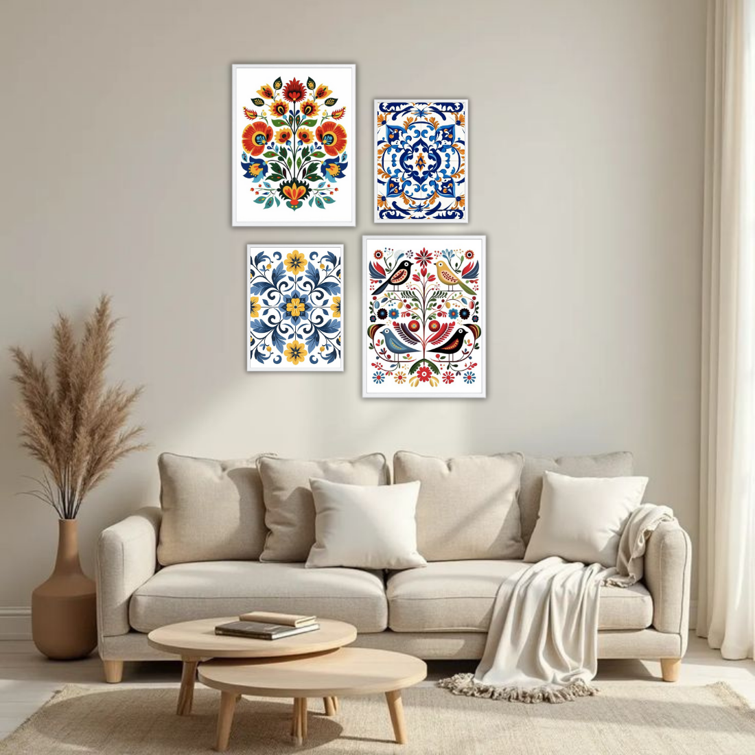 Folk Art Floral Tile Wall Frame Set – Set of 4 (2 Large 13×17" + 2 Medium 9×11") | Colourful Ethnic Botanical Prints | Beige, Black & White Frame
