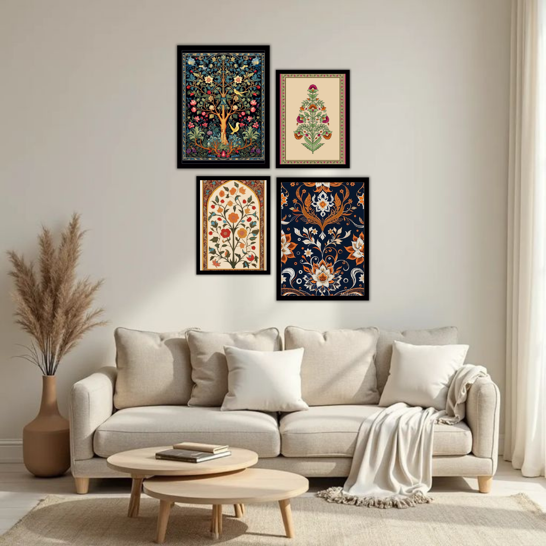 Mughal Wall Frame Set – Set of 4 (2 Large 13×17" + 2 Medium 9×11") | Royal Indian Botanical Art Prints | Beige, Black & White Frame