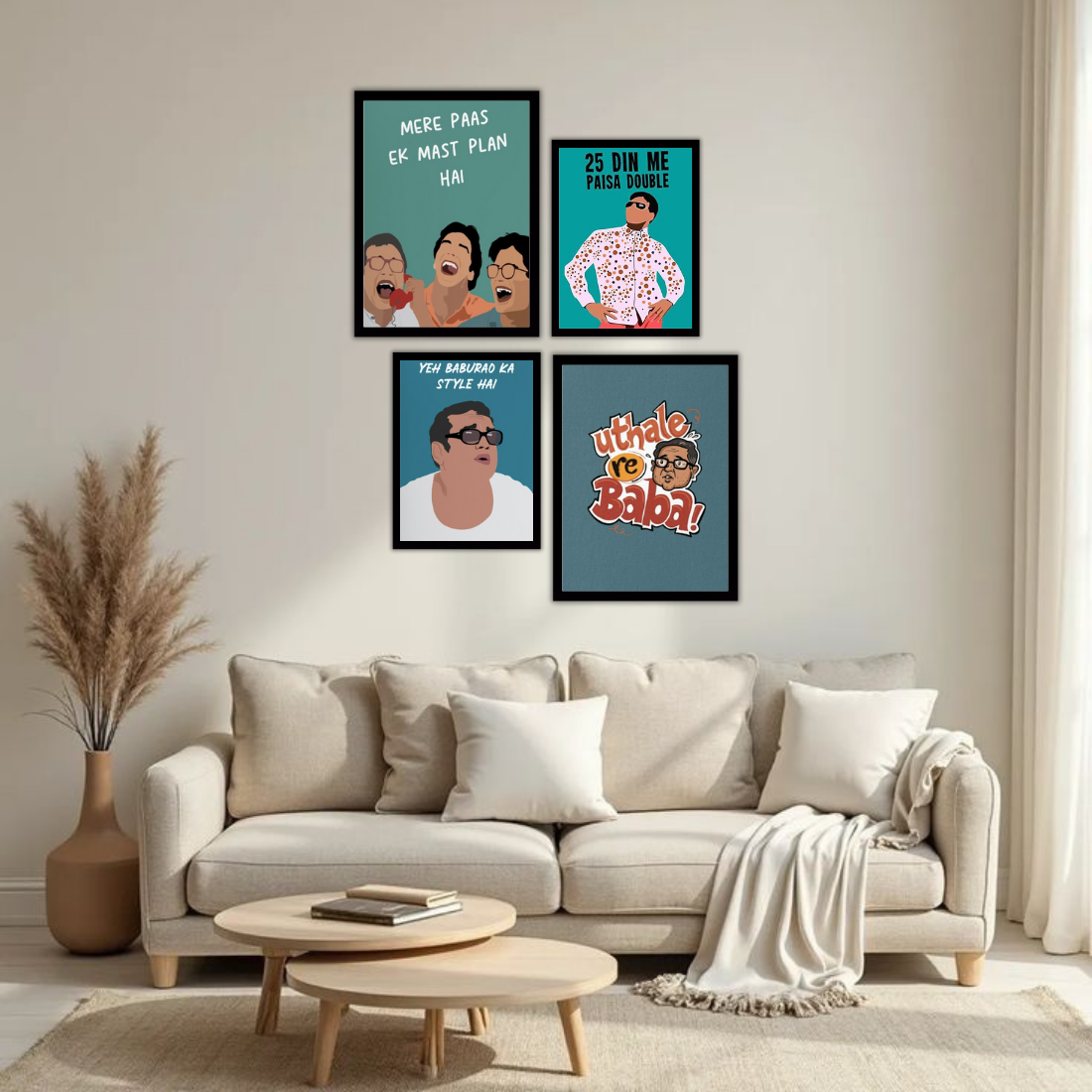 Hera Pheri Bollywood Wall Frame Set – Set of 4 (2 Large 13×17" + 2 Medium 9×11") | Baburao & Raju Meme Fan Art Prints for Bedroom, Living Room & Cafe | Beige, Black & White Frame