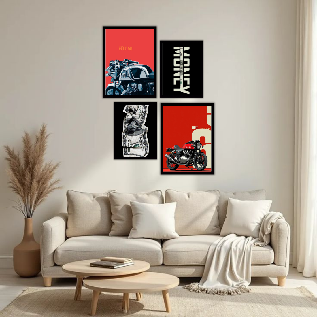 Royal Enfield Hustle Money Wall Frame Set – Set of 4 (2 Large 13×17" + 2 Medium 9×11") | Bike Lover Money Grind Poster Art Prints | Beige, Black & White Frame