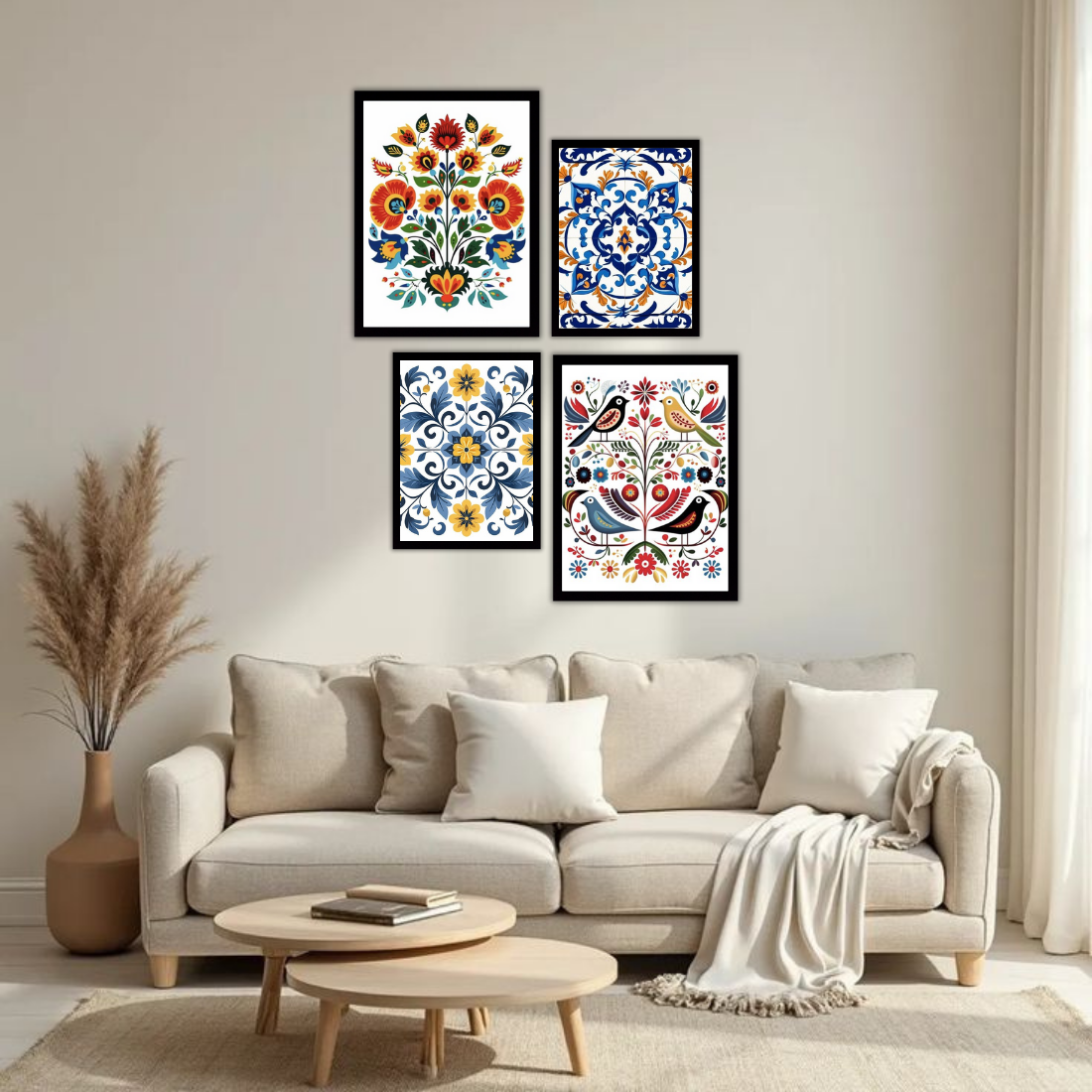 Folk Art Floral Tile Wall Frame Set – Set of 4 (2 Large 13×17" + 2 Medium 9×11") | Colourful Ethnic Botanical Prints | Beige, Black & White Frame