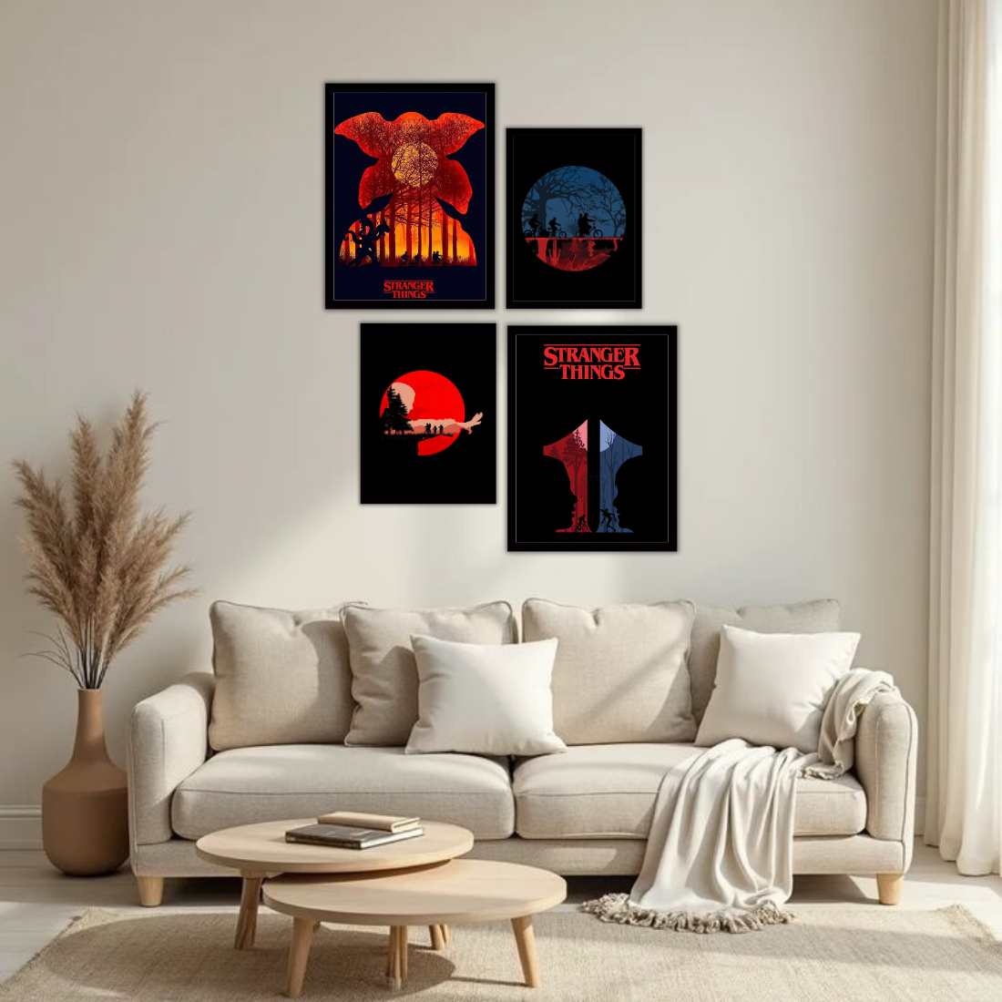 Stranger Things Poster Wall Frame Set – Set of 4 (2 Large 13×17" + 2 Medium 9×11") | Demogorgon Red Moon Hawkins Bike Fan Art Prints | Beige, Black & White Frame