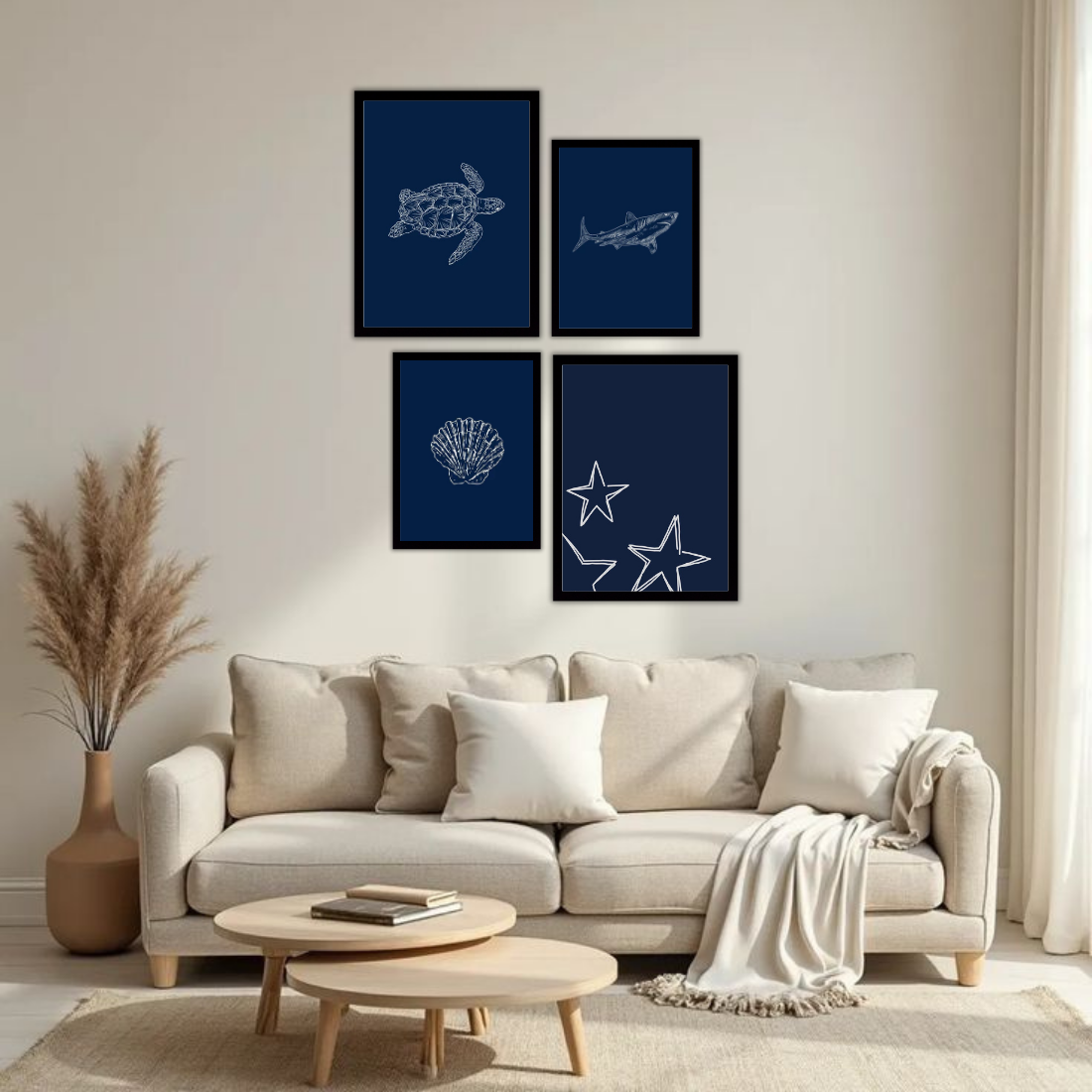 Navy Blue Ocean Line Art Wall Frame Set – Set of 4 (2 Large 13×17" + 2 Medium 9×11") | Turtle Shark Seashell Starfish Coastal Art Prints | Beige, Black & White Frame