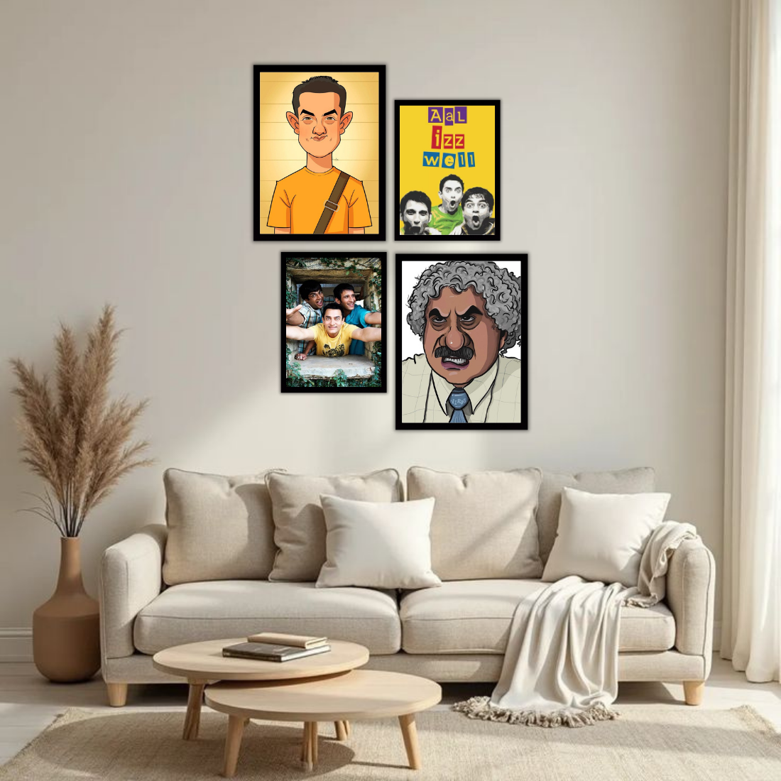 3 Idiots Bollywood Wall Frame Set – Set of 4 (2 Large 13×17" + 2 Medium 9×11") | Aal Izz Well Fan Art Prints for Bedroom, Living Room & Cafe | Beige, Black & White Frame