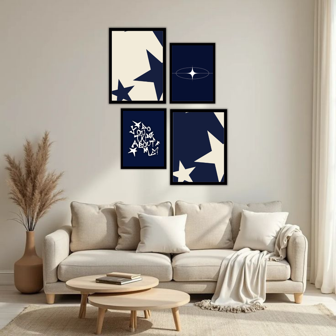 Navy Blue Y2K Star Aesthetic Wall Frame Set – Set of 4 (2 Large 13×17" + 2 Medium 9×11") | Do You Think About Me Coquette Star Art Prints | Beige, Black & White Frame