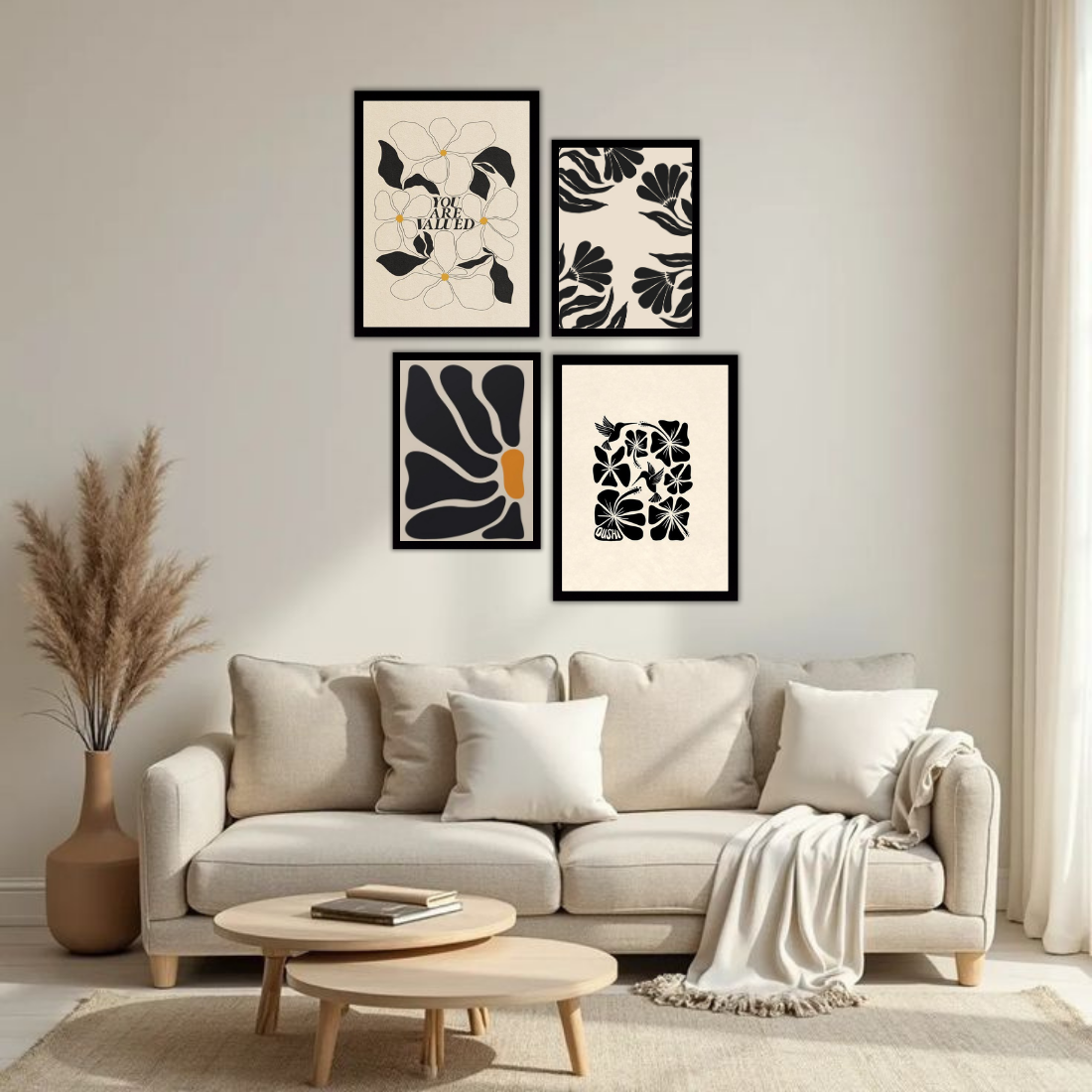 Matisse Black Cream Botanical Wall Frame Set – Set of 4 (2 Large 13×17" + 2 Medium 9×11") | You Are Valued Abstract Floral Art Prints | Beige, Black & White Frame