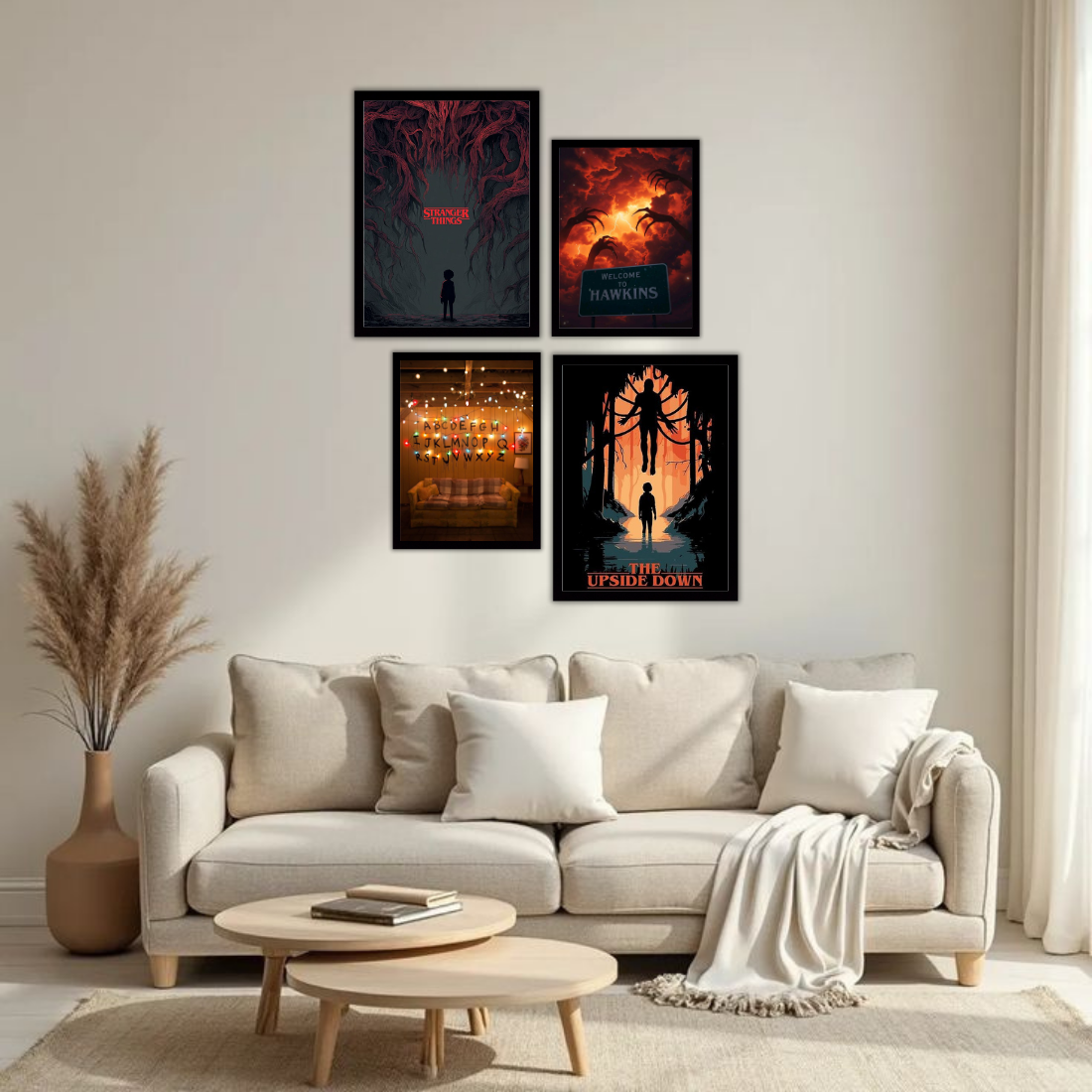 Stranger Things Wall Frame Set – Set of 4 (2 Large 13×17" + 2 Medium 9×11") | Upside Down Hawkins Mind Flayer Fan Art Prints | Beige, Black & White Frame