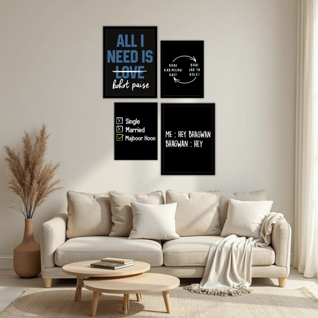 Desi Meme Humour Wall Frame Set – Set of 4 (2 Large 13×17" + 2 Medium 9×11") | Funny Hindi Quotes Bohot Paise Bhai Majboor Hoon Art Prints | Beige, Black & White Frame