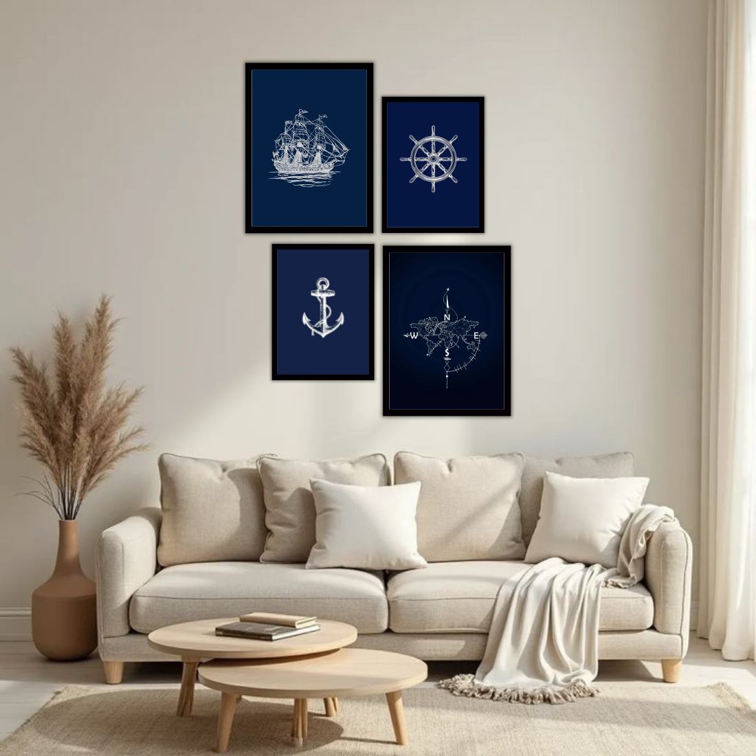 Nautical Navy Line Art Wall Frame Set – Set of 4 (2 Large 13×17" + 2 Medium 9×11") | Sailing Ship Anchor Compass Ship Wheel Art Prints | Beige, Black & White Frame
