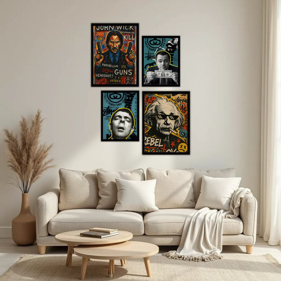 Pop Art Graffiti Icons Wall Frame Set – Set of 4 (2 Large 13×17" + 2 Medium 9×11") | John Wick Einstein DiCaprio Scarface Street Art Prints | Beige, Black & White Frame