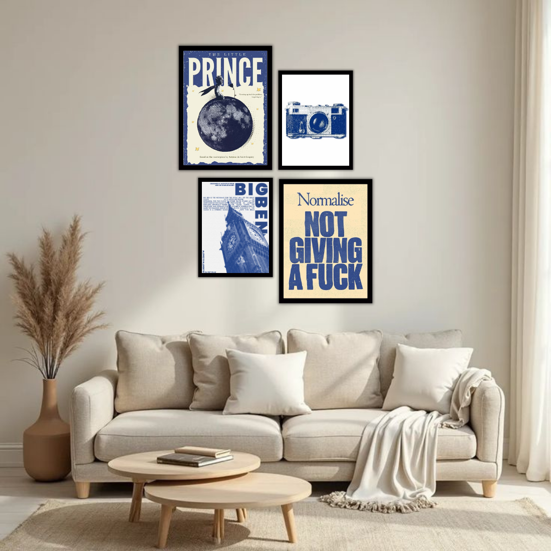 Blue Cream Eclectic Gallery Wall Frame Set – Set of 4 (2 Large 13×17" + 2 Medium 9×11") | Little Prince Big Ben Camera NGAF Art Prints | Beige, Black & White Frame
