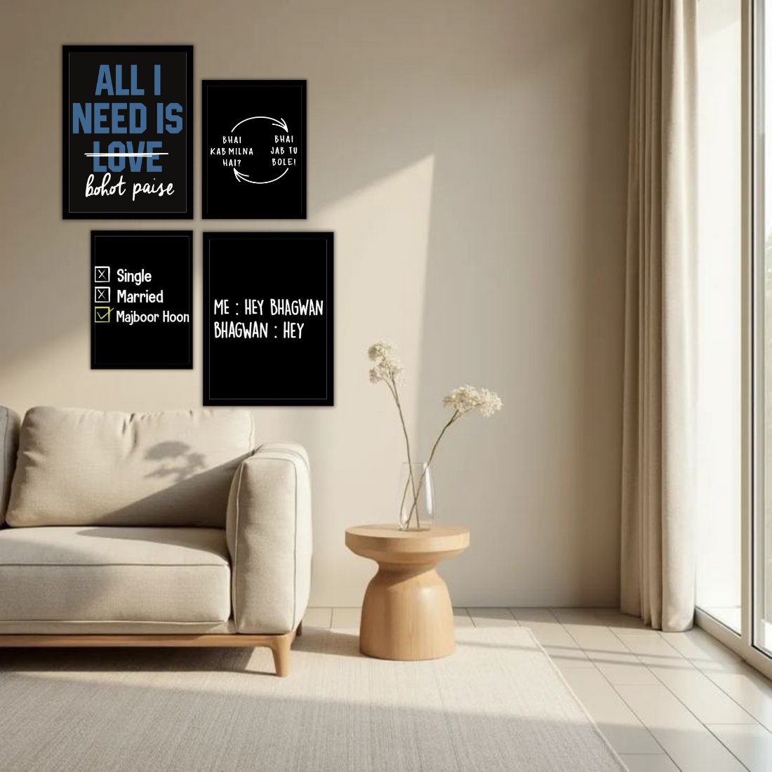 Desi Meme Humour Wall Frame Set – Set of 4 (2 Large 13×17" + 2 Medium 9×11") | Funny Hindi Quotes Bohot Paise Bhai Majboor Hoon Art Prints | Beige, Black & White Frame