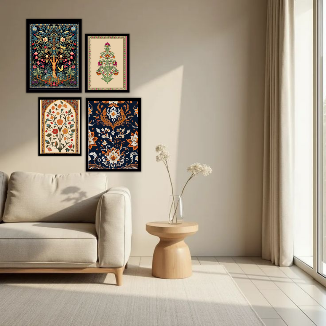 Mughal Wall Frame Set – Set of 4 (2 Large 13×17" + 2 Medium 9×11") | Royal Indian Botanical Art Prints | Beige, Black & White Frame
