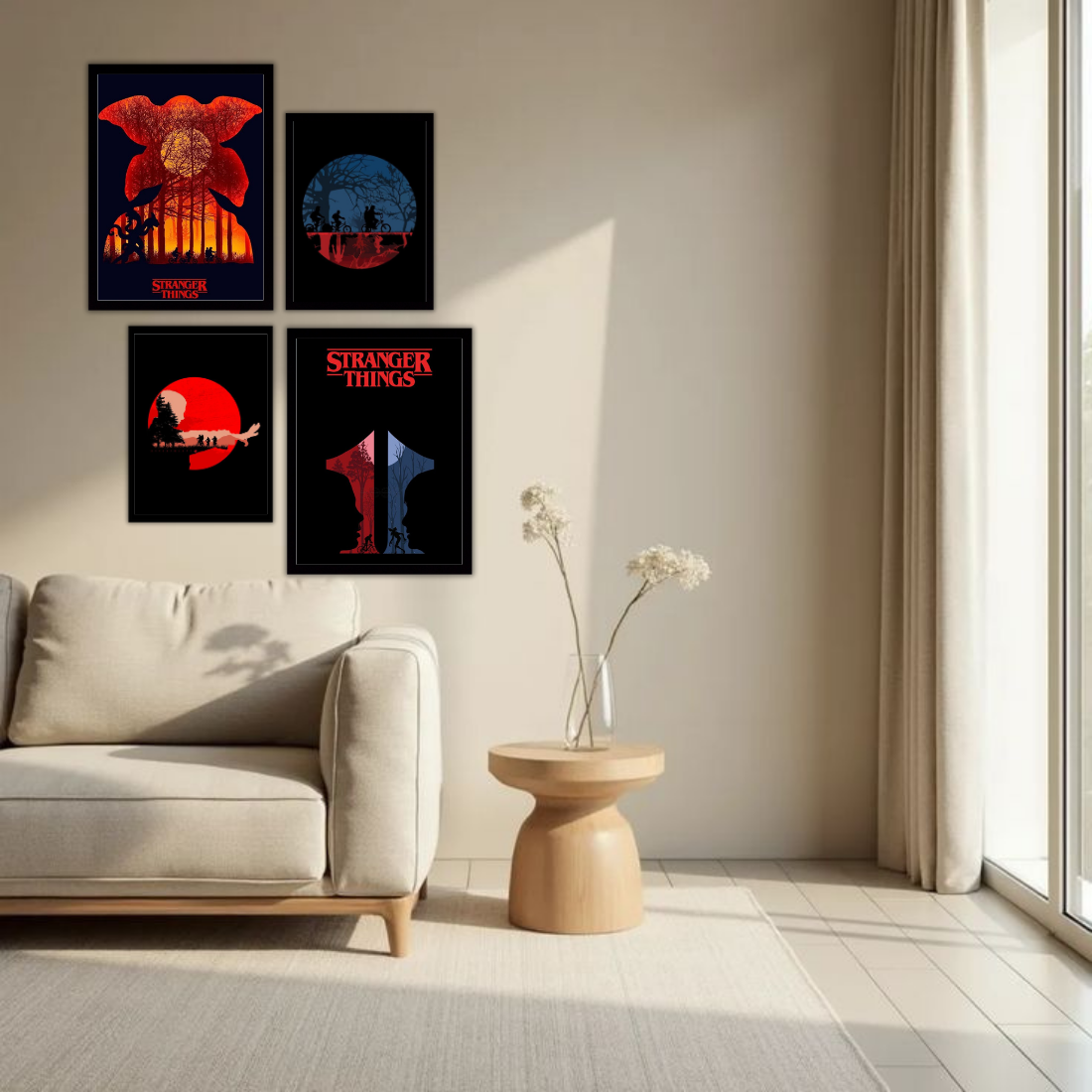 Stranger Things Poster Wall Frame Set – Set of 4 (2 Large 13×17" + 2 Medium 9×11") | Demogorgon Red Moon Hawkins Bike Fan Art Prints | Beige, Black & White Frame