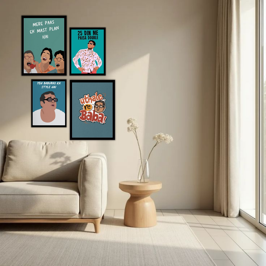 Hera Pheri Bollywood Wall Frame Set – Set of 4 (2 Large 13×17" + 2 Medium 9×11") | Baburao & Raju Meme Fan Art Prints for Bedroom, Living Room & Cafe | Beige, Black & White Frame