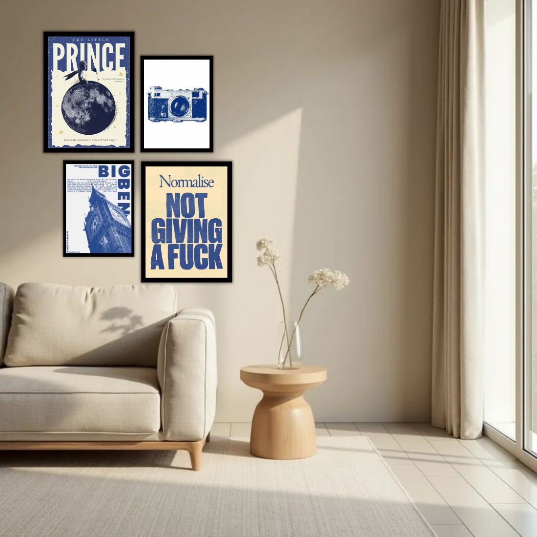 Blue Cream Eclectic Gallery Wall Frame Set – Set of 4 (2 Large 13×17" + 2 Medium 9×11") | Little Prince Big Ben Camera NGAF Art Prints | Beige, Black & White Frame