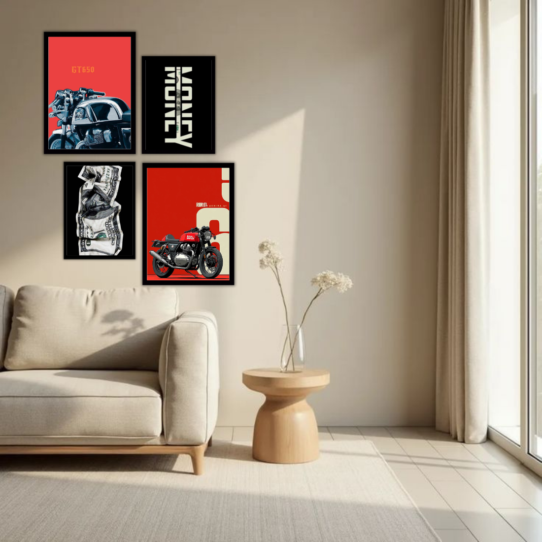 Royal Enfield Hustle Money Wall Frame Set – Set of 4 (2 Large 13×17" + 2 Medium 9×11") | Bike Lover Money Grind Poster Art Prints | Beige, Black & White Frame