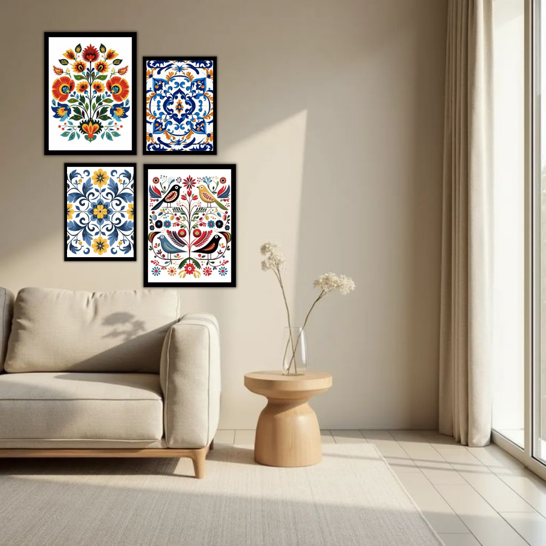 Folk Art Floral Tile Wall Frame Set – Set of 4 (2 Large 13×17" + 2 Medium 9×11") | Colourful Ethnic Botanical Prints | Beige, Black & White Frame