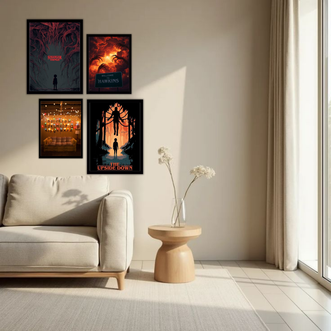 Stranger Things Wall Frame Set – Set of 4 (2 Large 13×17" + 2 Medium 9×11") | Upside Down Hawkins Mind Flayer Fan Art Prints | Beige, Black & White Frame