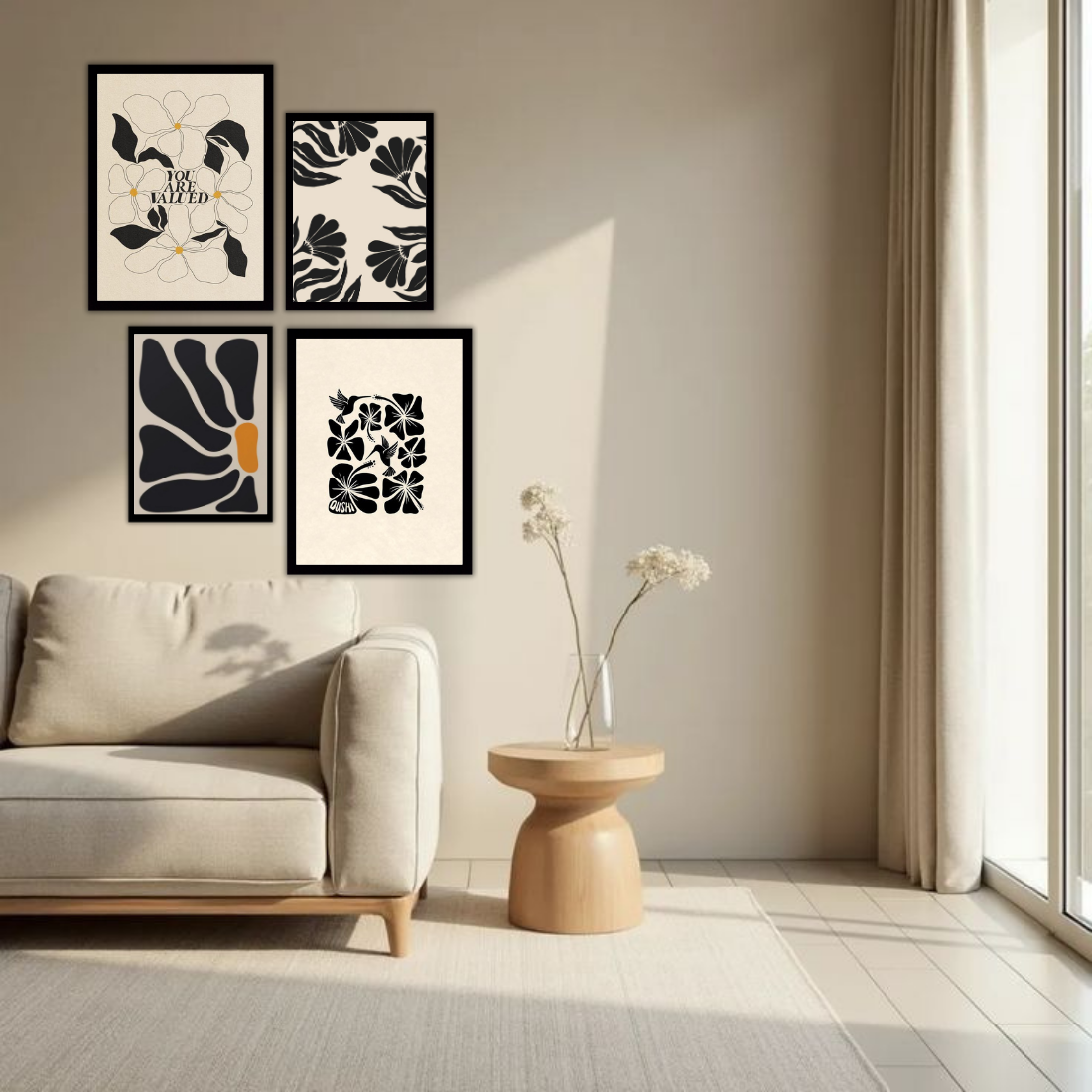 Matisse Black Cream Botanical Wall Frame Set – Set of 4 (2 Large 13×17" + 2 Medium 9×11") | You Are Valued Abstract Floral Art Prints | Beige, Black & White Frame