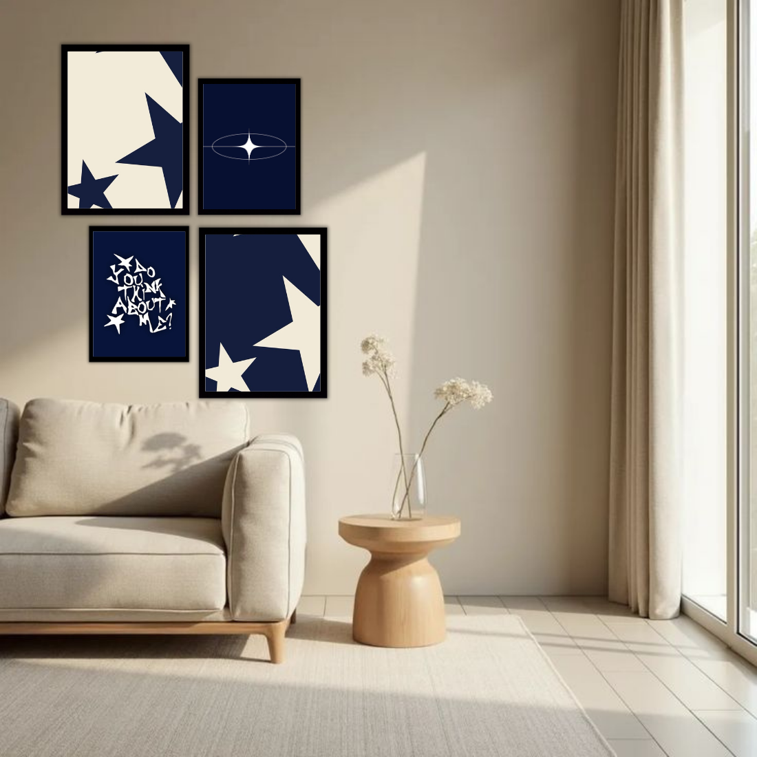 Navy Blue Y2K Star Aesthetic Wall Frame Set – Set of 4 (2 Large 13×17" + 2 Medium 9×11") | Do You Think About Me Coquette Star Art Prints | Beige, Black & White Frame