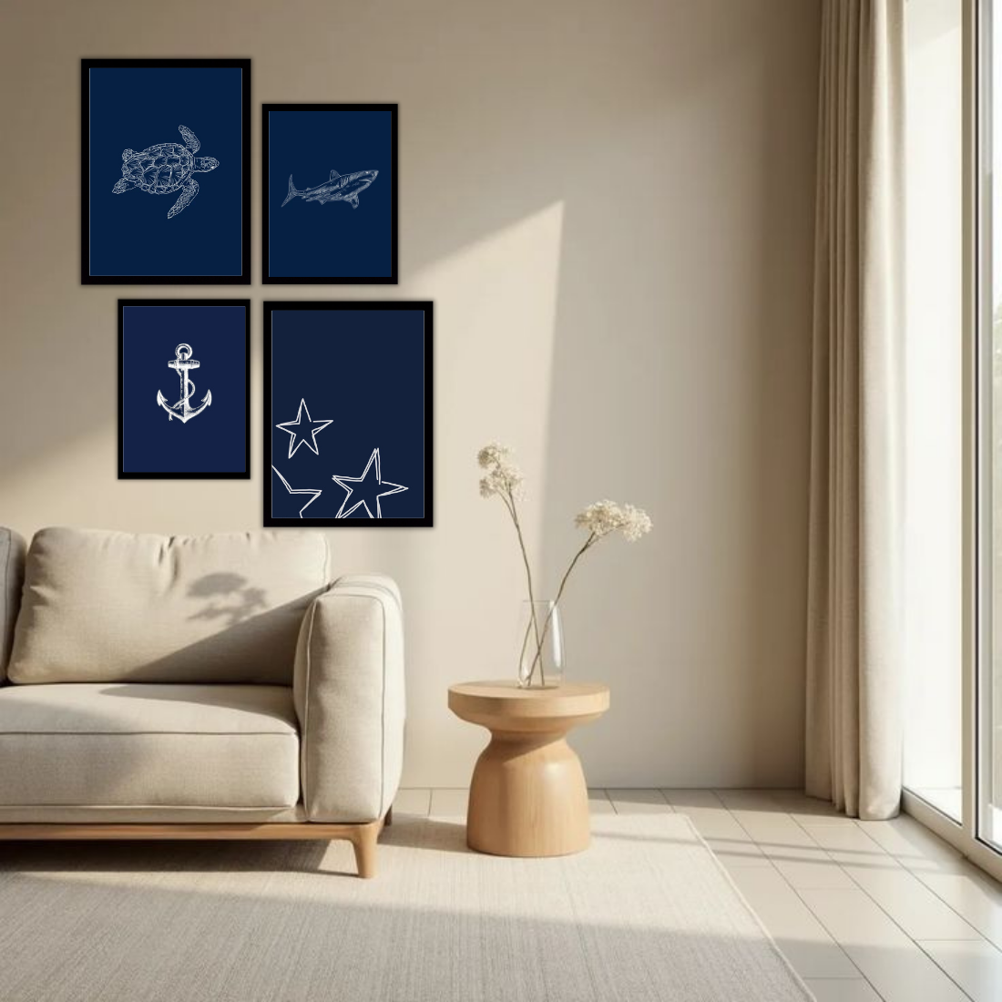 Navy Blue Ocean Line Art Wall Frame Set – Set of 4 (2 Large 13×17" + 2 Medium 9×11") | Turtle Shark Seashell Starfish Coastal Art Prints | Beige, Black & White Frame